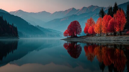 Majestic autumn scenery with vibrant red trees near calm lake and mountains during sunset