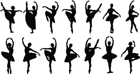 Ballet dancer silhouette set, classical dance poses vector, graceful movement illustration, black performance icon, artistic choreography graphic design