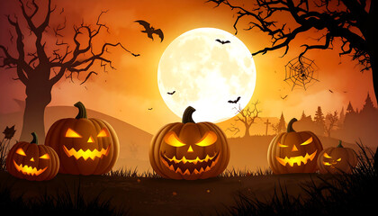 Glowing jack-o'-lantern with triangular eyes, nose, and jagged smile on black background, green curved stem.