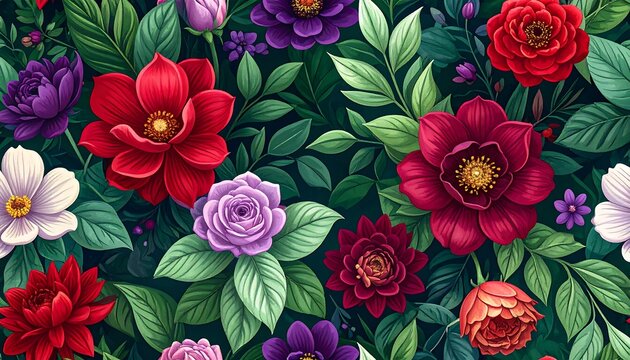 A lush botanical illustration with an assortment of vividly colored flowers, leaves, and foliage, creating a seamless, detailed pattern