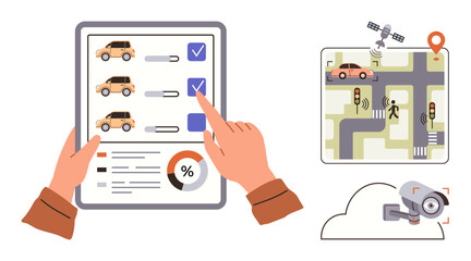 Car data analysis sheet, traffic map with GPS satellite, security camera monitoring road signs. Ideal for transportation analytics, traffic control, smart cities, fleet tracking, safety, GPS systems