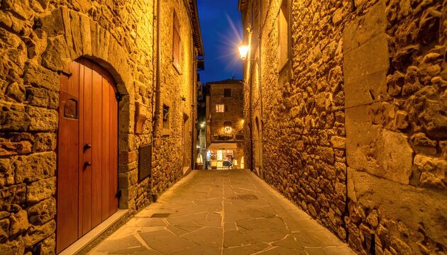 A narrow, stone alleyway at twilight, lit by warm lamplight, leads to a slightly brighter opening at the far end.  The walls are rough-hewn stone, and a wooden door is visible on the left