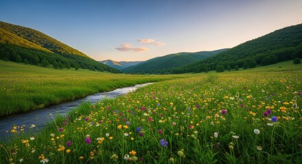 Obraz premium Scenic Meadow River Landscape Flowers