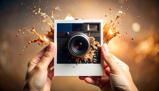 Hands Holding Vintage Camera with Coffee Splash and Crumbs Closeup