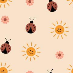 Retro Ladybug, Sun, and Daisy Pattern