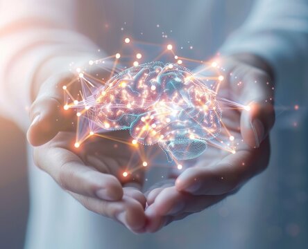 A pair of hands gently cradles a translucent, glowing 3D model of a brain, interconnected with luminous nodes and lines, symbolizing neural networks and cognitive processes