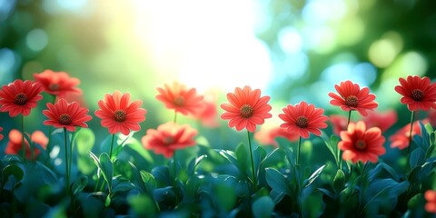 flowers bloom in a sunlit garden surrounded by lush greenery during a serene afternoon