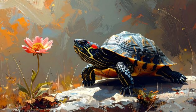Artistic rendition of a turtle admiring a flower, vibrant brushstrokes and textures