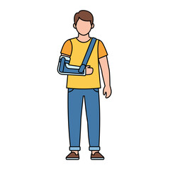 Person with arm cast shows blue cast and sling, depicting injury and healing. Person with arm cast needs medical attention, emphasizing recovery and healthcare support.