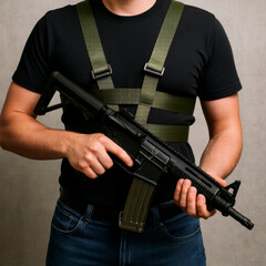 Man in black shirt holding assault rifle with tactical harness during training session