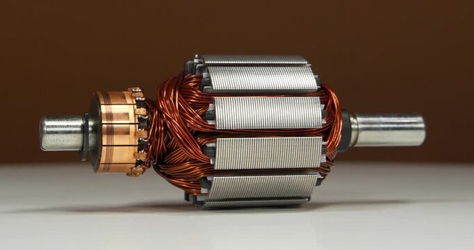 Armature or rotor of an electric motor with copper coil of small household appliance, namely from percussion massager, lies on white table and rotates on brown background