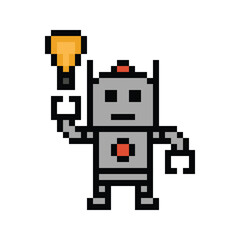 Cartoon cute pixel art of robot or ai learning skill robotic calculate chat bot robots vector character technology background 8 bit.