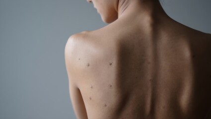 Naklejka premium Woman's back with moles, highlighting skin health, dermatology, and the importance of regular skin checkups for melanoma prevention and early detection