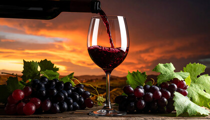 Red wine pouring into glass at sunset with grapes, leaves, and wooden surface in vineyard-inspired scene.