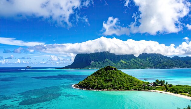 A panoramic view of a tropical island, featuring a lush green hill surrounded by calm, turquoise water.  The sky is bright blue with fluffy white clouds