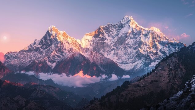 A panoramic view of snow-capped mountains at sunset, with clouds clinging to the lower slopes, showcasing a breathtaking display of light and shadow - Powered by Adobe