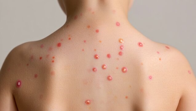 Person's back showing a severe skin rash with pustules and red spots, indicating a viral infection, disease, or monkeypox, representing medical conditions and dermatology