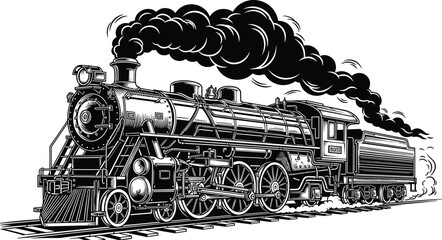 Steam locomotive illustration, vintage train vector, black and white transportation artwork, historical railway engine, coal-powered travel graphic design © Creative Art