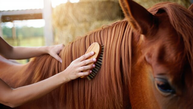 Person brushing horse's mane, providing care and grooming, creating a strong bond and connection between human and animal at a stable or farm