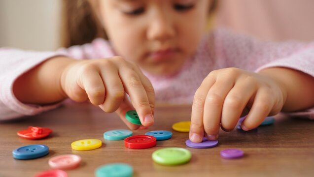 Child's hands selecting and arranging multiple vibrant plastic buttons on a wooden surface, fostering cognitive development, enhancing dexterity, and promoting focused playtime