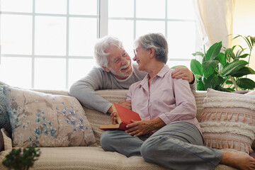 Happy senior couple sharing an affectionate moment at home. Elderly man embracing his wife sitting on a cozy sofa with a book in living room. Concept of love, romance, affection, happy retirement