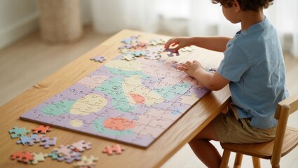 Young child learning and concentrating, solving colorful puzzle on wooden table, developing problem solving skills and fine motor coordination at home