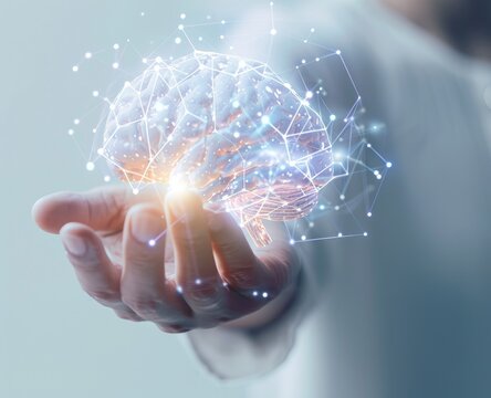 A person's hand gently cradles a luminous, network-connected, 3D brain model, symbolizing intellect and neural connections