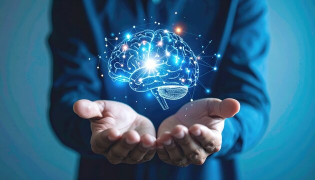 A person's hands gently cradle a glowing, digital brain, symbolizing intellect, innovation, or neural networks.  The image uses a dark blue background and lighting effects to highlight the brain