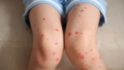 Child's legs close up developing a skin rash, red spots indicating an allergic reaction, insect bites, or dermatological condition, needing medical attention
