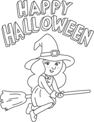 Happy Halloween witch flying on broom cartoon illustration vector for party invitation