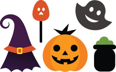 Obraz premium Halloween costume icons witch hat pumpkin ghost cauldron candy eps vector illustration isolated on transparent background