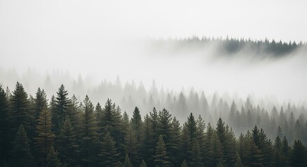 Fototapeta premium Misty evergreen forest canopy receding into atmospheric fog, evoking serene nature and peaceful solitude for escape and tranquility