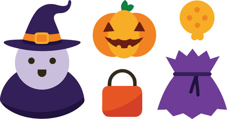 Fototapeta premium Halloween costume icons vector set witch hat pumpkin ghost candy bag and dress isolated on transparent background