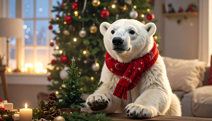Festive polar bear in Santa hat and scarf standing before lit Christmas tree with gifts and snowy forest.