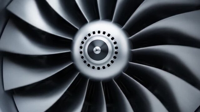 Powerful jet engine turbine blades spinning at high speed creating immense thrust for modern aviation travel and industrial power generation