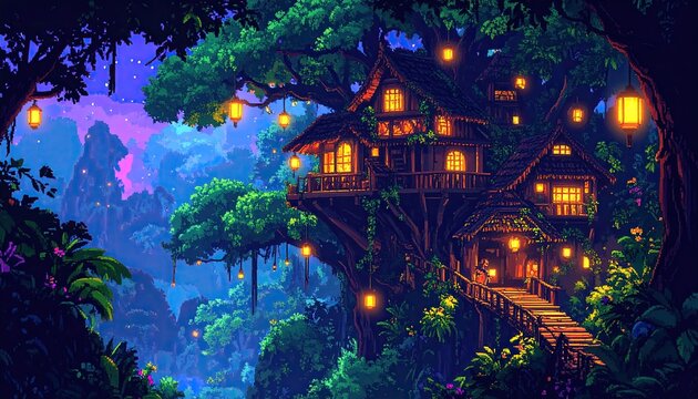 A pixel art depiction of a large treehouse nestled within a lush, vibrant jungle at night, illuminated by warm hanging lights. The scene is detailed, showcasing a mystical atmosphere