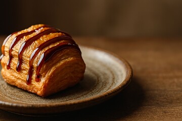 Appetizing close-up of golden-brown crunchy pastry with rich sauce, ideal for dessert packaging or culinary blogs.