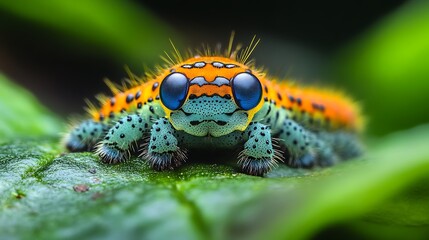 Colorful caterpillar on leaf close up