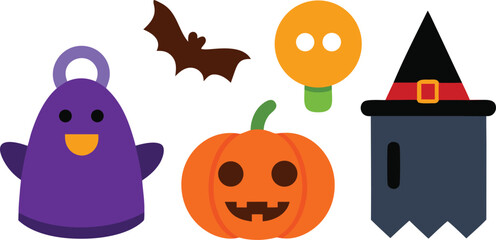 Fototapeta premium Vector illustration set of halloween icons witch hat pumpkin ghost bat isolated on transparent background