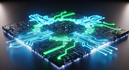 Obraz premium Experience the glowing digital pulse of a futuristic microchip, showcasing cutting edge technology and advanced innovation with vibrant neon circuitry