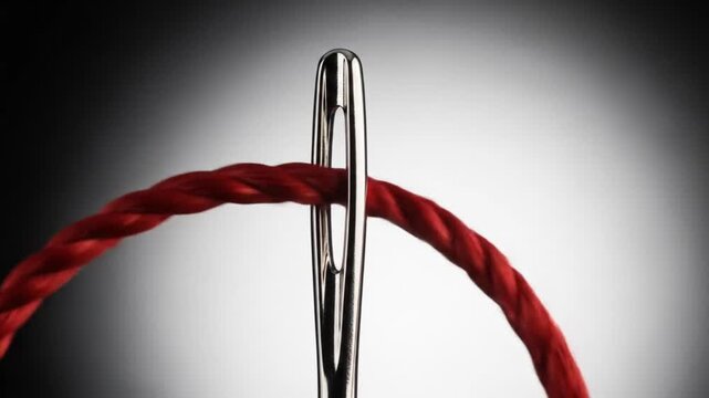 Vibrant red thread being threaded through a gleaming needle, symbolizing precision, connection, and the start of a creative project in motion