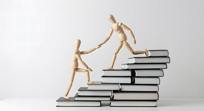 Support, Tutoring, and Coaching Wooden Figures on a Staircase of Books, Symbolic of Education