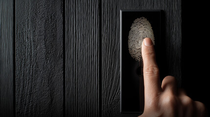 Fingerprint recognition system in use on modern black panel door design Generative AI