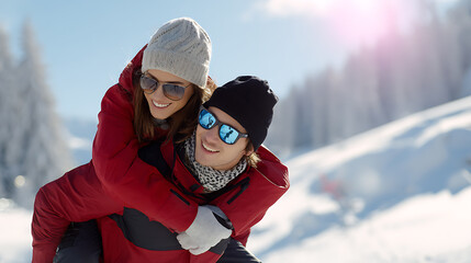 Happy man and woman in winter clothes posing outdoors with snow-capped mountains in the background. Winter lifestyle concept.