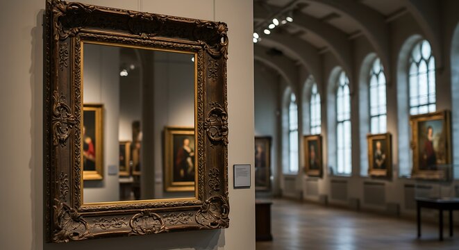 Classic art museum interior with ornate picture frames and portraits displayed