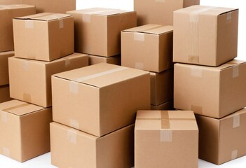Cardboard boxes: A visually engaging composition showcases a variety of sturdy cardboard boxes, meticulously stacked. capturing the essence of logistics, packaging. Ai generated image