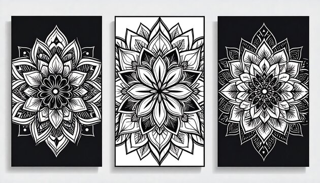 A triptych of intricate floral-inspired designs. Featuring symmetrical, detailed patterns with alternating black and white backgrounds