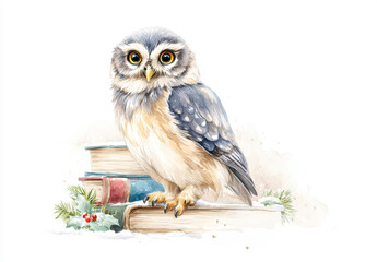 Owl in overalls on a bookshelf surrounded by Christmas books with a cheerful Merry Christmas message