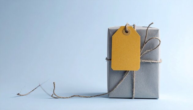 A simply wrapped gift, light grey paper, tied with twine, and a blank yellow tag. Shot against a pale blue background