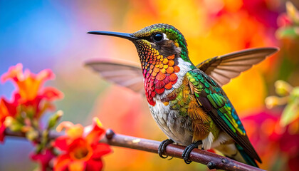 Iridescent hummingbird with green wings and purple throat perched near vibrant flowers against colorful gradient background.
